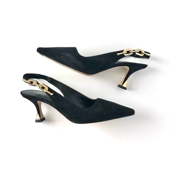 NEW Louis Vuitton Sparkle Slingback Chain Black Suede Kitten Heel Pumps 38 - Picture 3 of 9